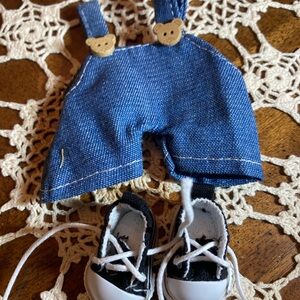 Labubu clothes, Denim Overalls with Bear Buttons and Sneakers